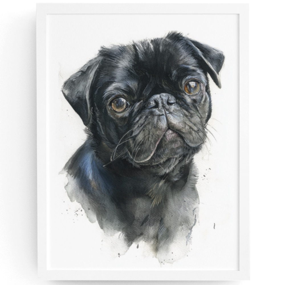 Watercolor Black Pug Dog Pet Portrait Wall Art Print Poster Unframed